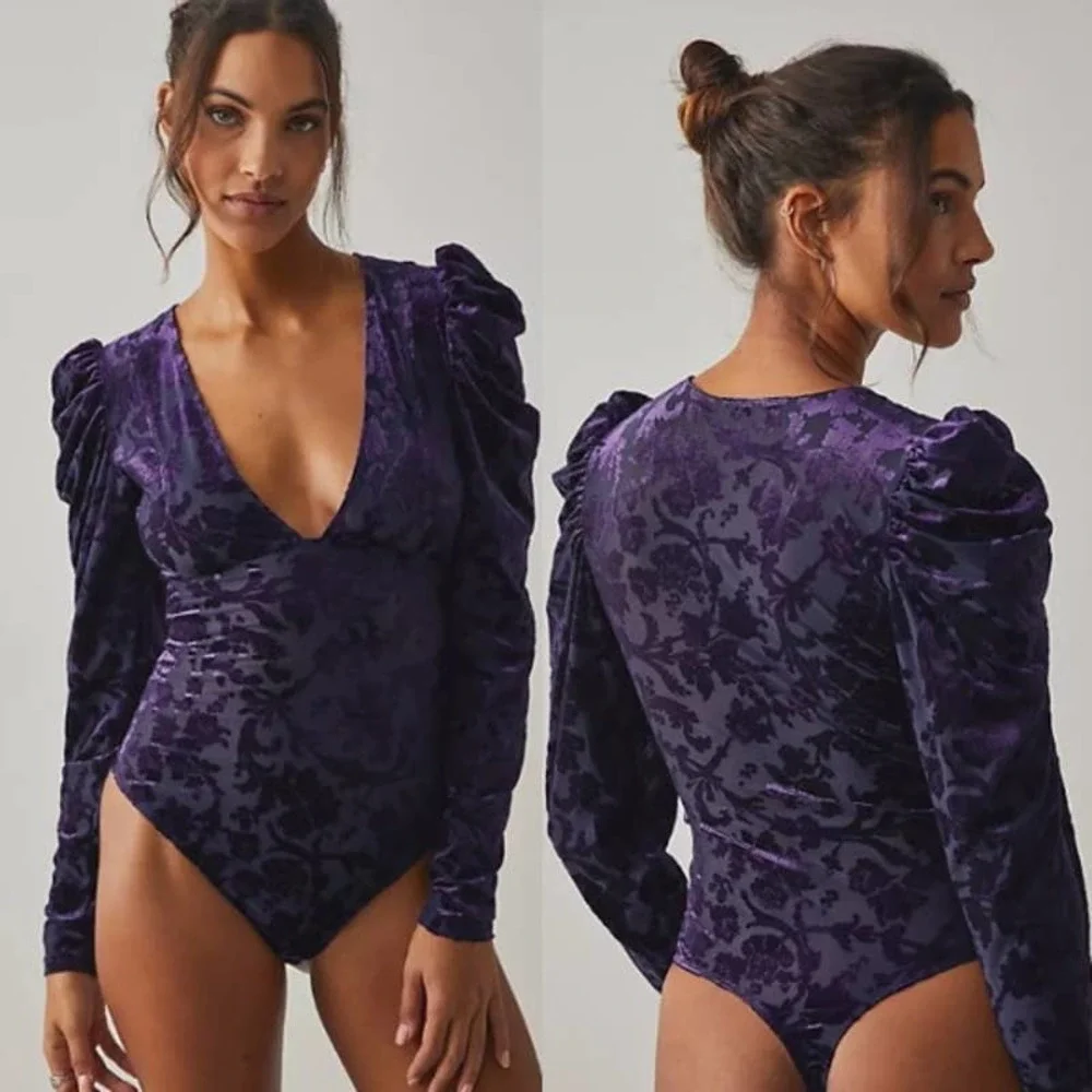 Free People NWT Magic Hour Velvet Puff Bodysuit Deep Sea Combo Size XS OB1570815